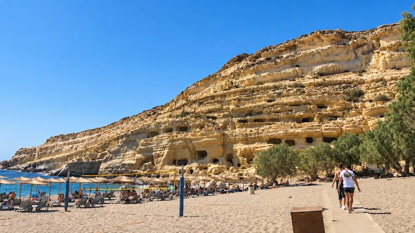 Matala Beach sandstone cliff caves overlooking the bay