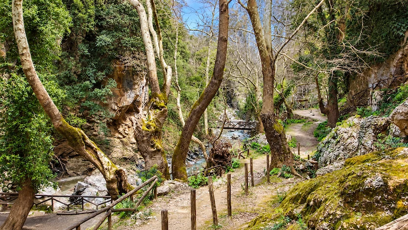 St Anthony Patsos Gorge with wooden walkways and cave chapel